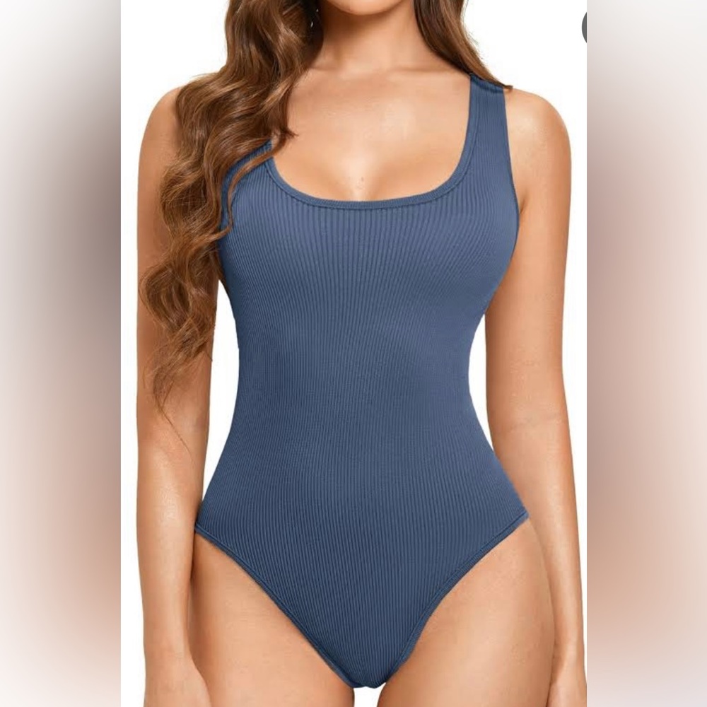 Blue Ribbed Thong Bodysuit